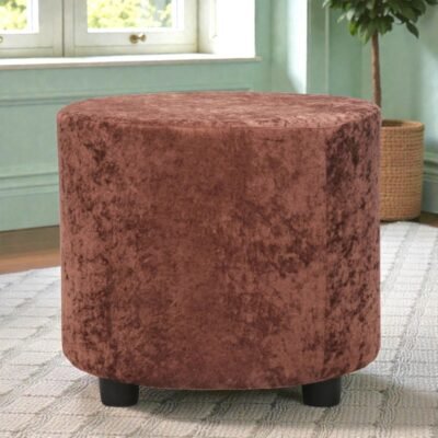 Ikiriya Lisbon Solid Wood Contemporary Round Pouffee in Caramel Brown Sparkle Velvet Upholstery