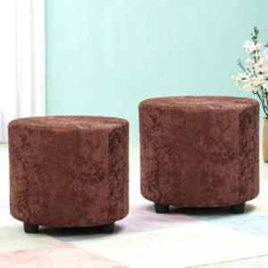 Ikiriya Lisbon Solid Wood Contemporary Round Set of 2 Pouffees in Caramel Brown Sparkle Velvet Upholstery