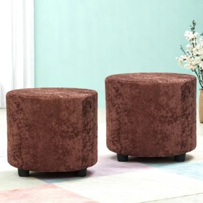 Ikiriya Lisbon Solid Wood Contemporary Round Set of 2 Pouffees in Caramel Brown Sparkle Velvet Upholstery