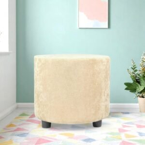 Ikiriya Lisbon Solid Wood Contemporary Round Pouffee in Beige Velvet Upholstery