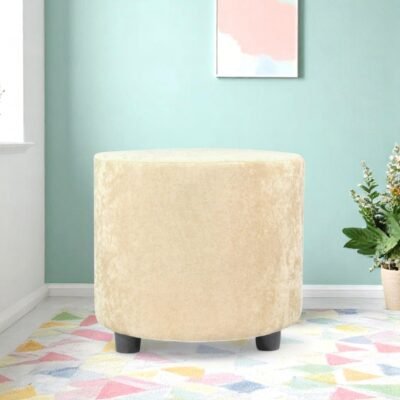 Ikiriya Lisbon Solid Wood Contemporary Round Pouffee in Beige Velvet Upholstery