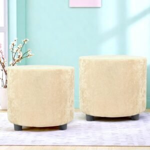 Ikiriya Lisbon Solid Wood Contemporary Round Set of 2 Pouffees in Beige Velvet Upholstery