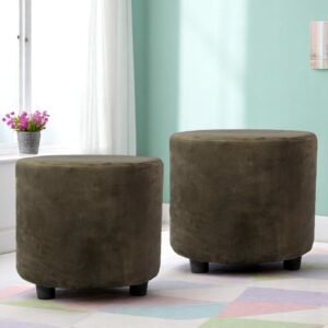 Ikiriya Lisbon Solid Wood Contemporary Round Set of 2 Pouffees in Cedar Brown Velvet Upholstery