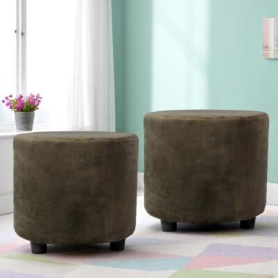 Ikiriya Lisbon Solid Wood Contemporary Round Set of 2 Pouffees in Cedar Brown Velvet Upholstery