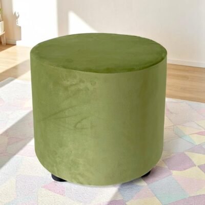 Ikiriya Lisbon Solid Wood Contemporary Round Pouffee in Pear Green Velvet Upholstery