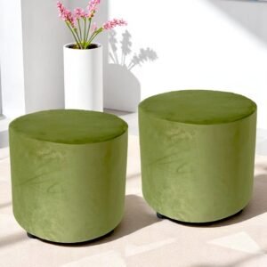 Ikiriya Lisbon Solid Wood Contemporary Round Set of 2 Pouffees in Pear Green Velvet Upholstery