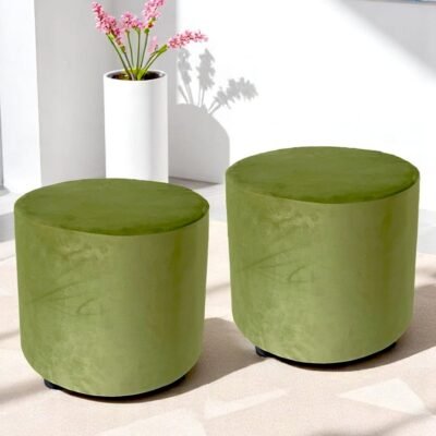 Ikiriya Lisbon Solid Wood Contemporary Round Set of 2 Pouffees in Pear Green Velvet Upholstery