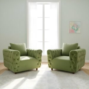 Ikiriya Jackson Solid Wood Contemporary 1+1 Seater Sofa Chairs in Pear Green Velvet Upholstery