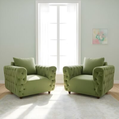 Ikiriya Jackson Solid Wood Contemporary 1+1 Seater Sofa Chairs in Pear Green Velvet Upholstery