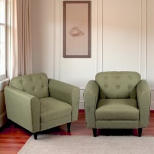 Ikiriya Tyler Solid Wood Contemporary 1+1 Seater Sofa Chairs in Olive Green Fabric Upholstery
