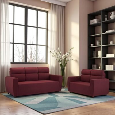 Ikiriya Dayton Solid Wood Contemporary 3+2 Seater Sofa Set in Maroon Wine Fabric Upholstery
