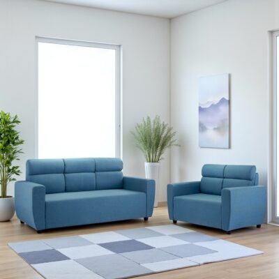 Ikiriya Dayton Solid Wood Contemporary 3+2 Seater Sofa Set in Teal Blue Fabric Upholstery