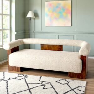 Ikiriya Westfield Solid Wood Mid Century 3 Seater Sofa in off White Soft Boucle Fabric Upholstery