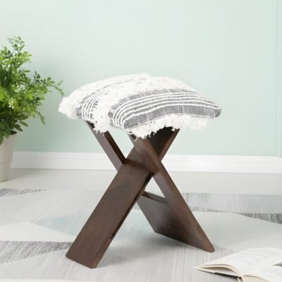 Ikiriya Dayton Sheesham Wood Mid Century Square Foldable Stool in Grey Fabric with Fringes Upholstery
