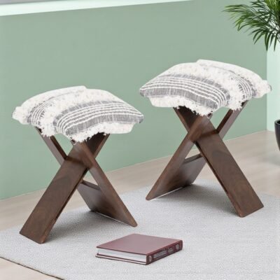 Ikiriya Dayton Sheesham Wood Mid Century Square Set of 2 Foldable Stools in Grey Fabric with Fringes Upholstery
