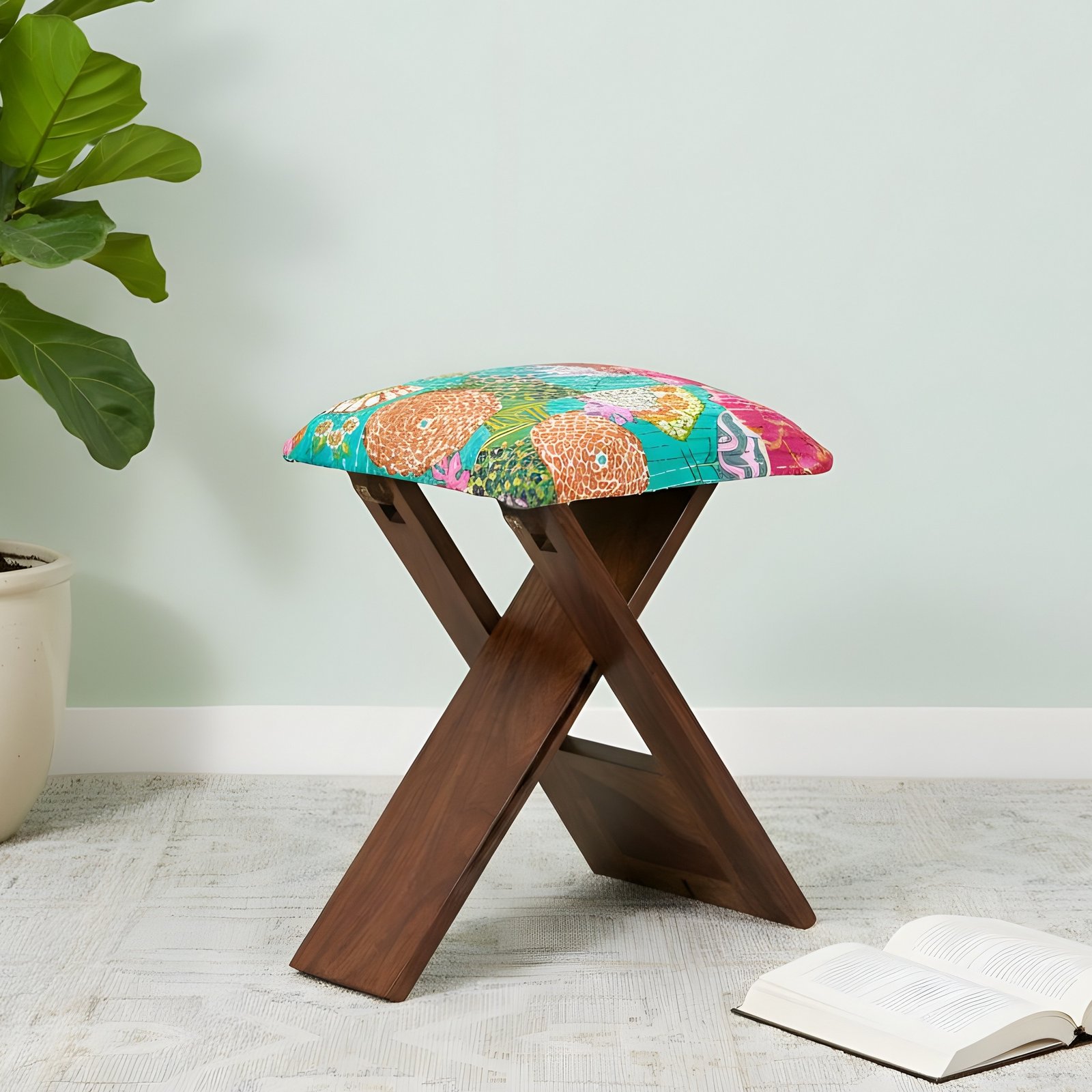 Ikiriya Dayton Sheesham Wood Mid Century Square Foldable Stool in Sea Green Fruit Print Kantha Upholstery