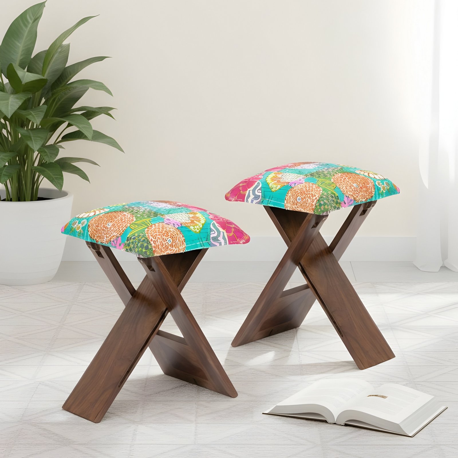 Ikiriya Dayton Sheesham Wood Mid Century Square Set of 2 Foldable Stools in Sea Green Fruit Print Kantha Upholstery