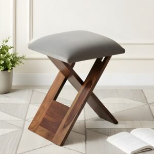 Ikiriya Dayton Sheesham Wood Accent Square Foldable Stool in Iron Grey Velvet Upholstery