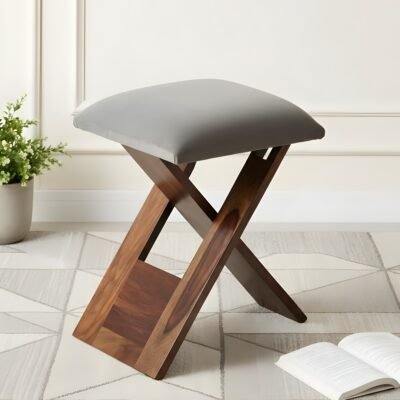Ikiriya Dayton Sheesham Wood Accent Square Foldable Stool in Iron Grey Velvet Upholstery