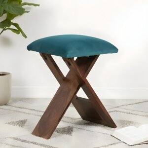 Ikiriya Dayton Sheesham Wood Accent Square Foldable Stool in Turquoise Sea Velvet Upholstery