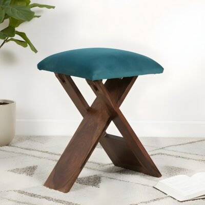 Ikiriya Dayton Sheesham Wood Accent Square Foldable Stool in Turquoise Sea Velvet Upholstery