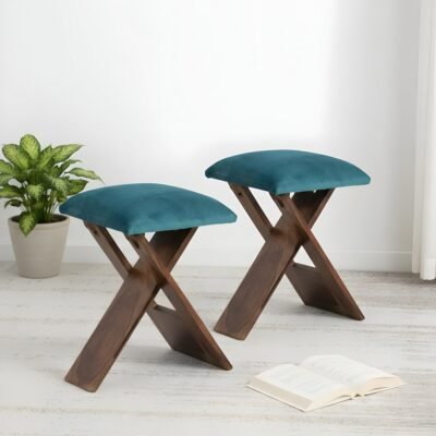 Ikiriya Dayton Sheesham Wood Accent Square Set of 2 Foldable Stools in Turquoise Sea Velvet Upholstery