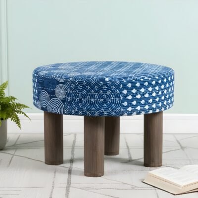 Ikiriya Maple Sheesham Wood Mid Century Round Foot Stool in indigo Patchwork Kantha Upholstery