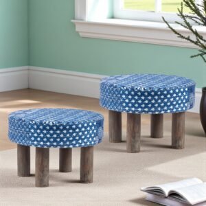 Ikiriya Maple Sheesham Wood Mid Century Round Set of 2 Foot Stools in indigo Patchwork Kantha Upholstery