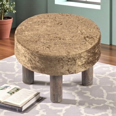 Ikiriya Maple Sheesham Wood Accent Round Foot Stool in Green Sparkle Velvet Upholstery