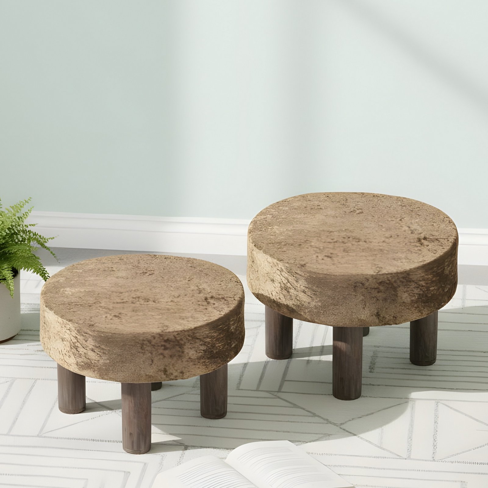 Ikiriya Maple Sheesham Wood Accent Round Set of 2 Foot Stools in Green Sparkle Velvet Upholstery