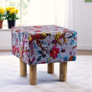 Ikiriya Verona Acacia Wood Mid Century Square Pouf Stool in Grey Brid Print Kantha Upholstery