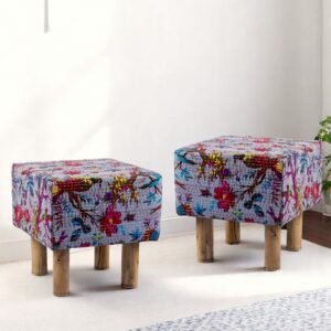 Ikiriya Verona Acacia Wood Mid Century Square Set of 2 Pouf Stools in Grey Brid Print Kantha Upholstery