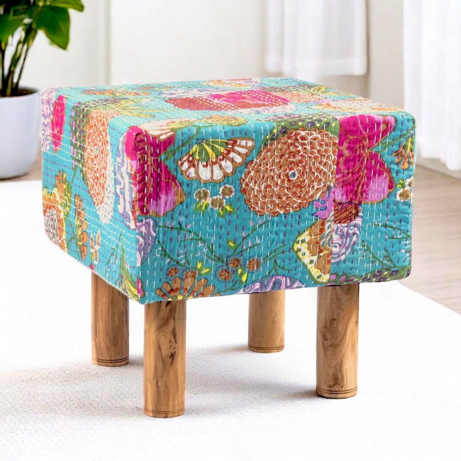 Ikiriya Verona Acacia Wood Mid Century Square Set of 2 Pouf Stools in Sea Green Fruit Print Kantha Upholstery - Image 10