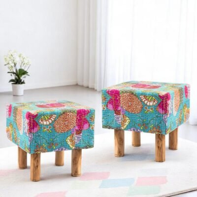 Ikiriya Verona Acacia Wood Mid Century Square Set of 2 Pouf Stools in Sea Green Fruit Print Kantha Upholstery