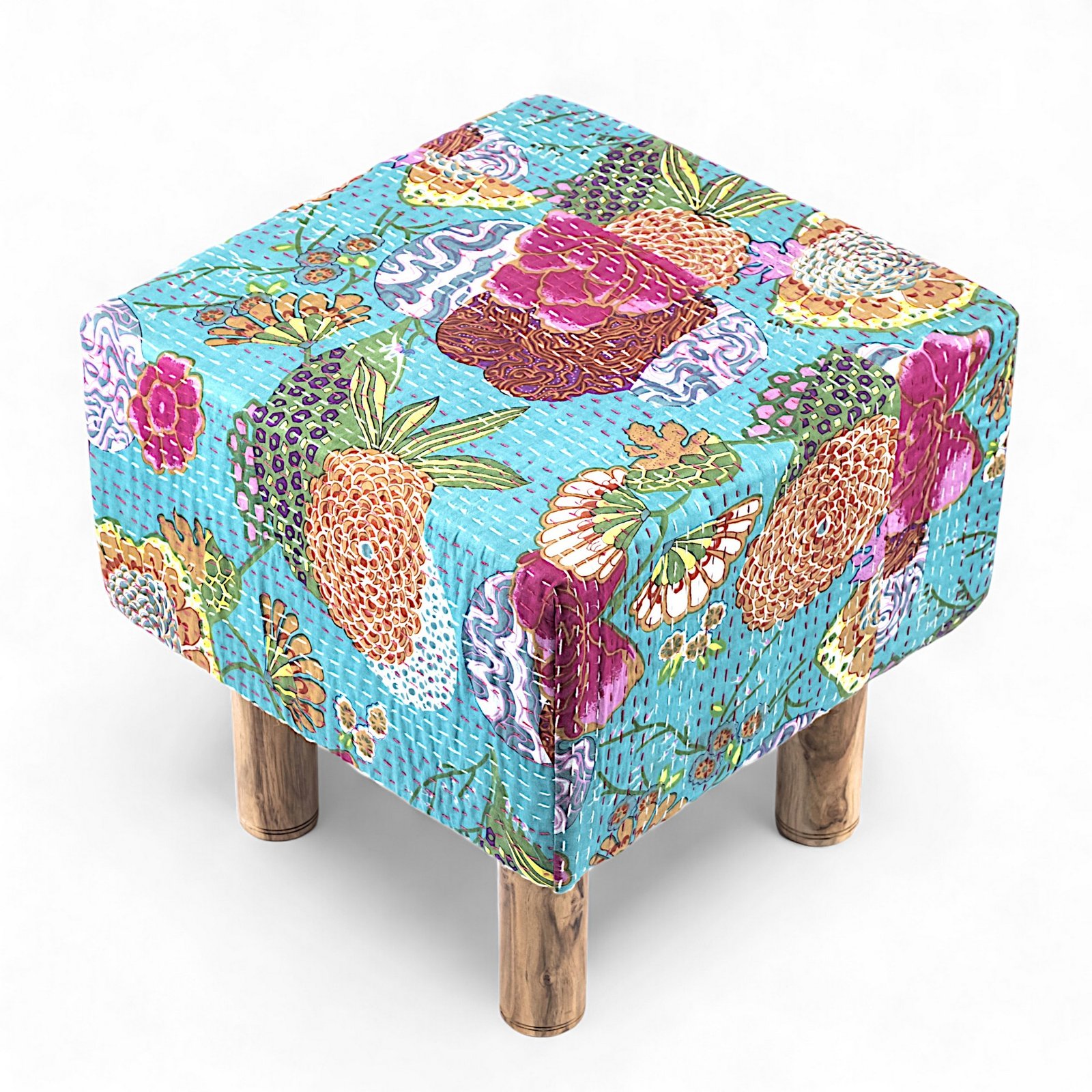 Ikiriya Verona Acacia Wood Mid Century Square Set of 2 Pouf Stools in Sea Green Fruit Print Kantha Upholstery - Image 2