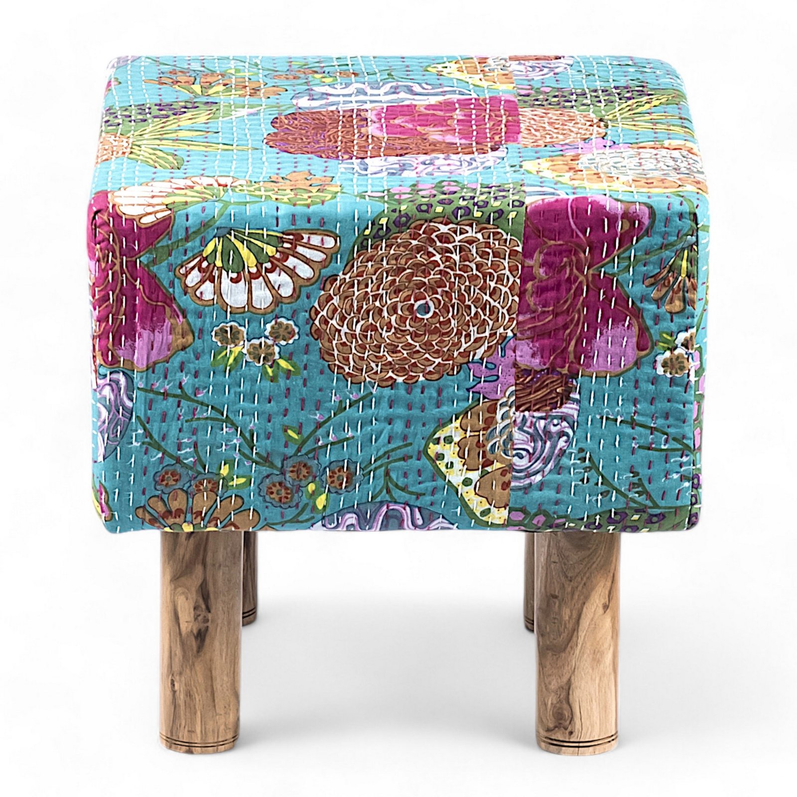 Ikiriya Verona Acacia Wood Mid Century Square Set of 2 Pouf Stools in Sea Green Fruit Print Kantha Upholstery - Image 3