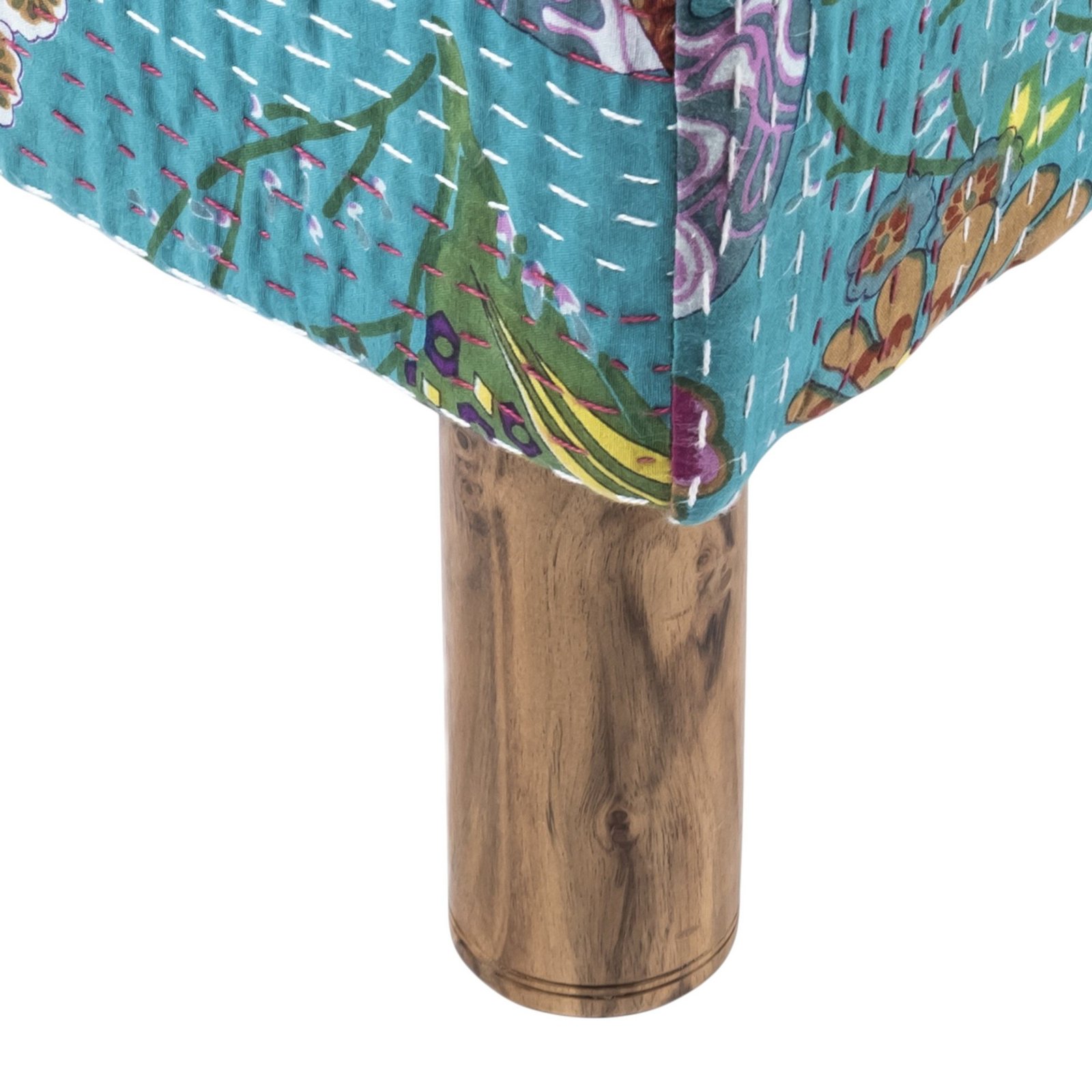 Ikiriya Verona Acacia Wood Mid Century Square Set of 2 Pouf Stools in Sea Green Fruit Print Kantha Upholstery - Image 4