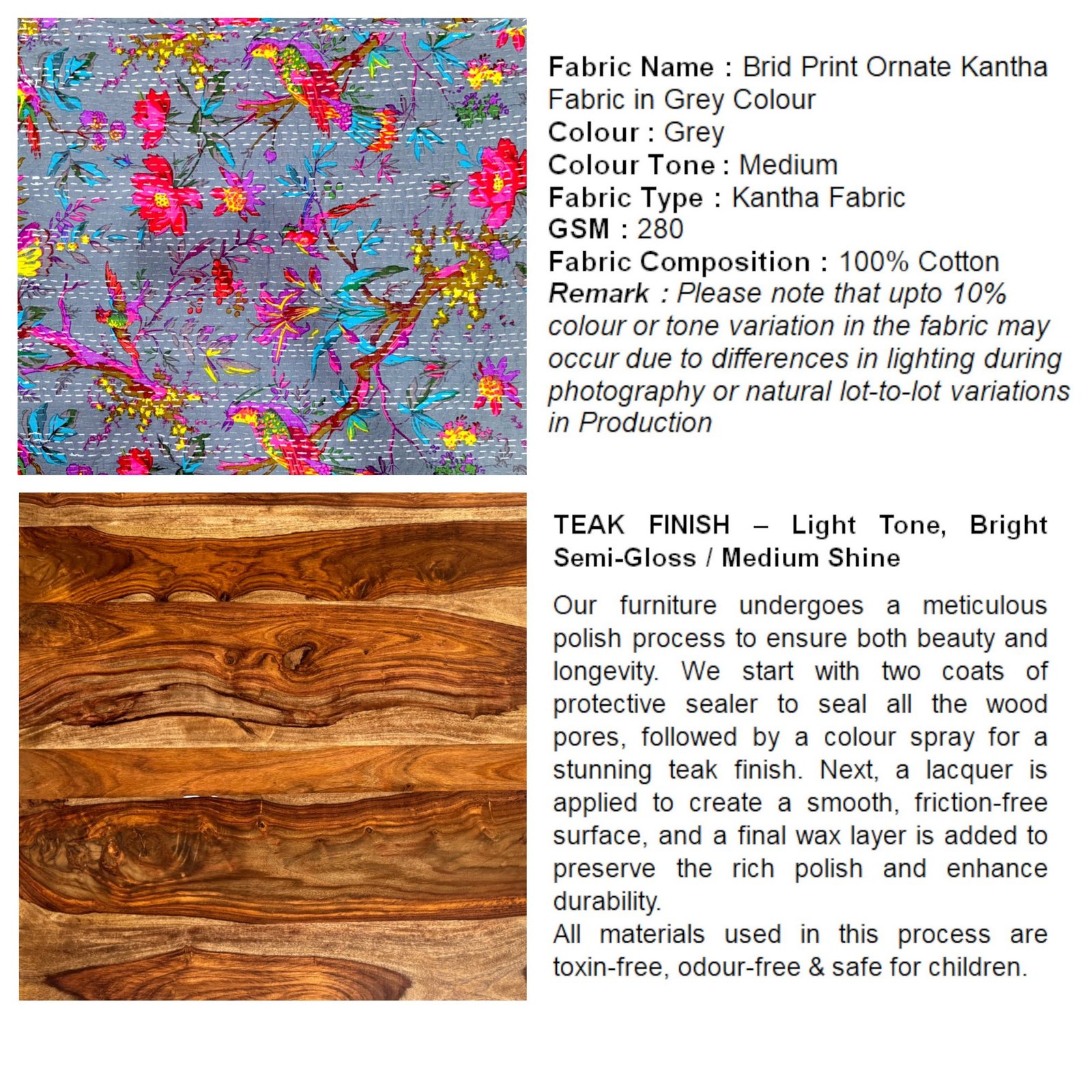 Ikiriya Verona Acacia Wood Mid Century Square Set of 2 Pouf Stools in Sea Green Fruit Print Kantha Upholstery - Image 6