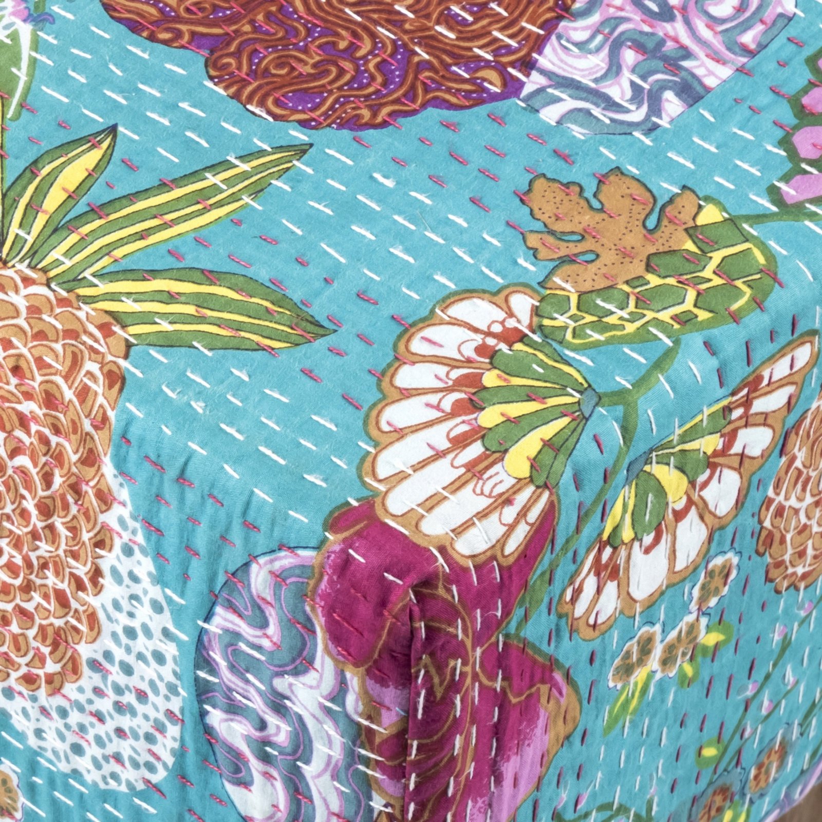 Ikiriya Verona Acacia Wood Mid Century Square Set of 2 Pouf Stools in Sea Green Fruit Print Kantha Upholstery - Image 9