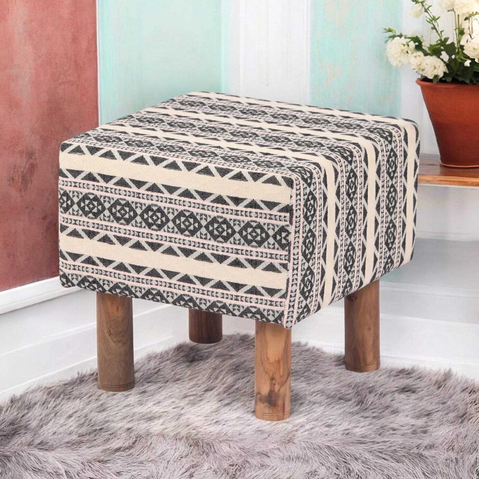 Ikiriya Verona Acacia Wood Parisian Square Pouf Stool in Multi-Colour Jacquard Work Fabric Upholstery