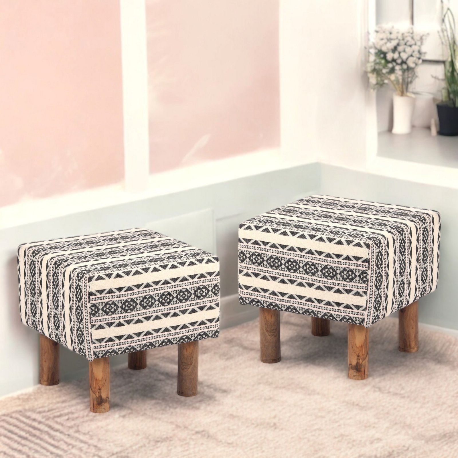 Ikiriya Verona Acacia Wood Parisian Square Set of 2 Pouf Stools in Multi-Colour Jacquard Work Fabric Upholstery
