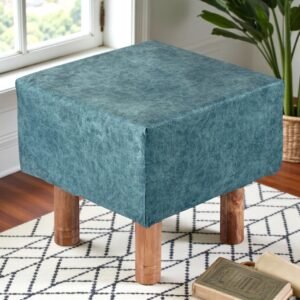 Ikiriya Verona Acacia Wood Accent Square Pouf Stool in Blue Jacquard Work Fabric Upholstery