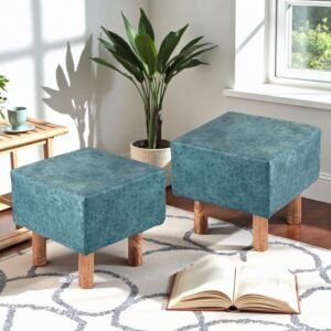 Ikiriya Verona Acacia Wood Accent Square Set of 2 Pouf Stools in Blue Jacquard Work Fabric Upholstery