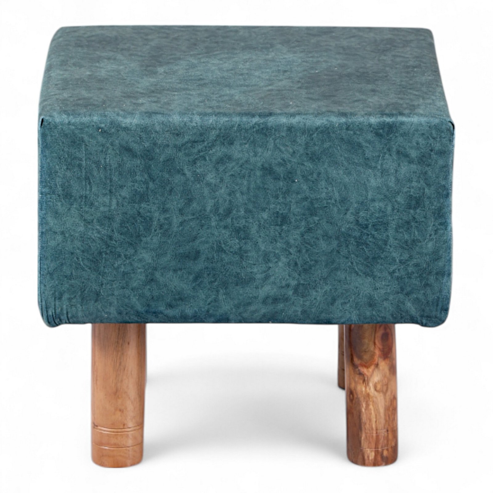 Ikiriya Verona Acacia Wood Accent Square Set of 2 Pouf Stools in Blue Jacquard Work Fabric Upholstery - Image 2