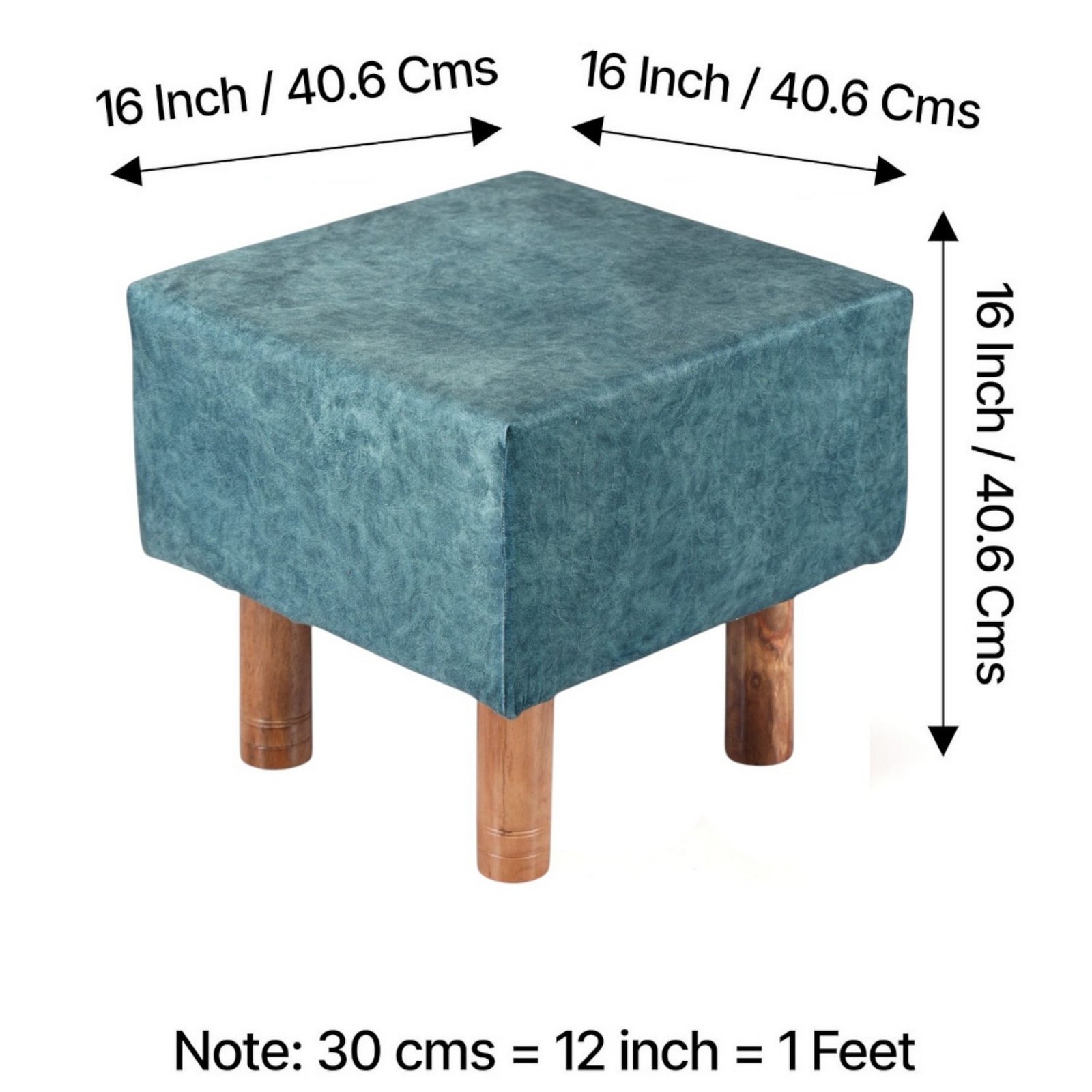 Ikiriya Verona Acacia Wood Accent Square Set of 2 Pouf Stools in Blue Jacquard Work Fabric Upholstery - Image 4