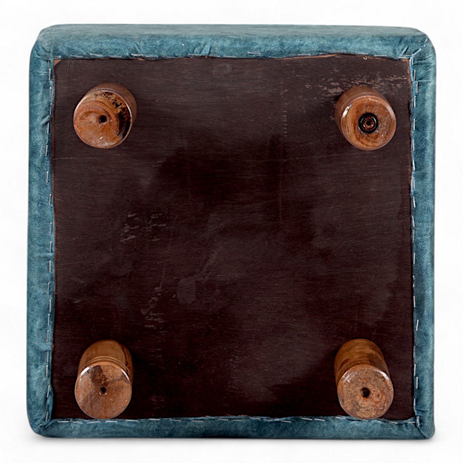 Ikiriya Verona Acacia Wood Accent Square Set of 2 Pouf Stools in Blue Jacquard Work Fabric Upholstery - Image 9