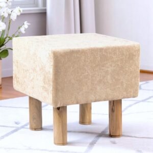 Ikiriya Verona Acacia Wood Accent Square Pouf Stool in Beige Sparkle Velvet Upholstery