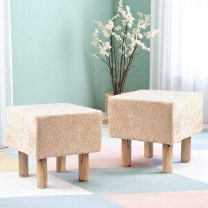 Ikiriya Verona Acacia Wood Accent Square Set of 2 Pouf Stools in Beige Sparkle Velvet Upholstery