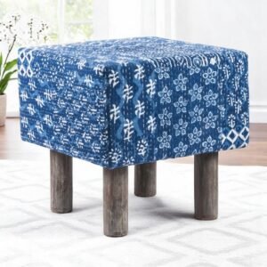 Ikiriya Verona Acacia Wood Mid Century Square Pouf Stool in indigo Patchwork Kantha Upholstery