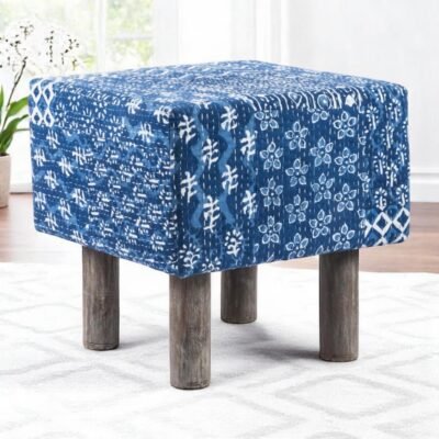 Ikiriya Verona Acacia Wood Mid Century Square Pouf Stool in indigo Patchwork Kantha Upholstery